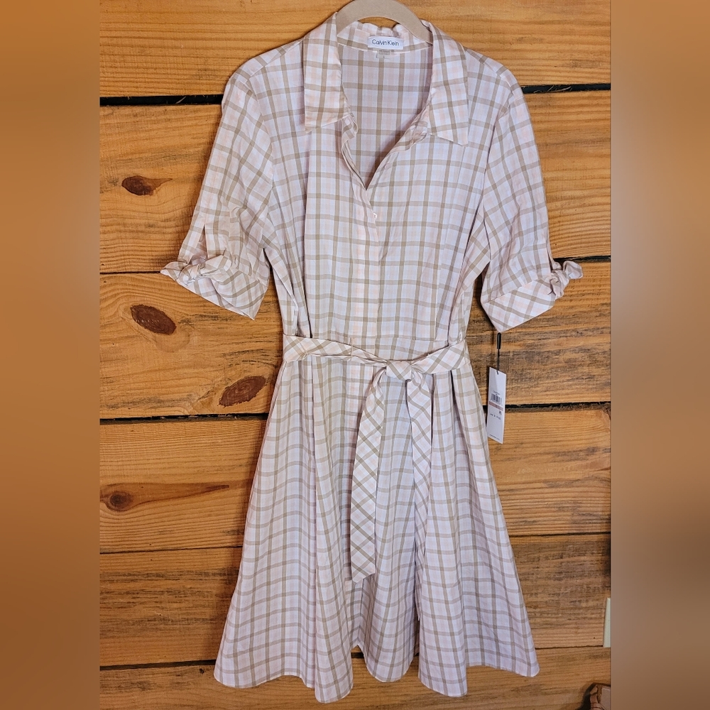 Calvin Klein* A-line* Button Front* Dress* Pink/Tan/White* Sz 12